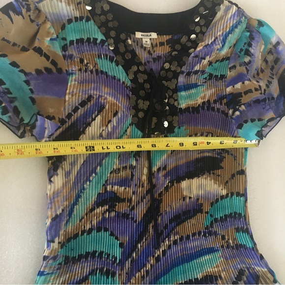 Nicola Multicolor Stretchy Top-Pleated-Puffy Sleeve-M- Sequins-Purple Brown Teal - Picture 6 of 15